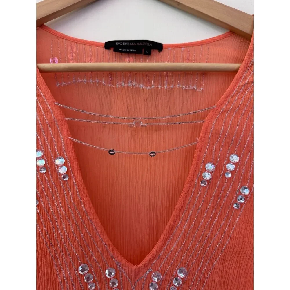 BCBGMaxAzria Orange Silk Chiffon V-Neck Blouse with Sequins Detail Size Large - Picture 2 of 6